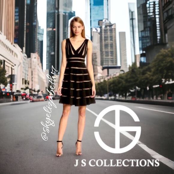 JS Collections Sleeveless, Black & Nude Striped Fit & Flare Sheath Dress, 18 - Picture 1 of 16